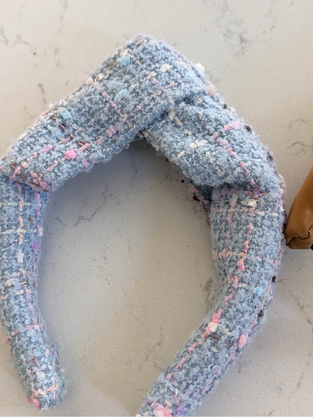 Eugenia Kim Light Blue Tweed Knot Headband with Pink and Cream Accents